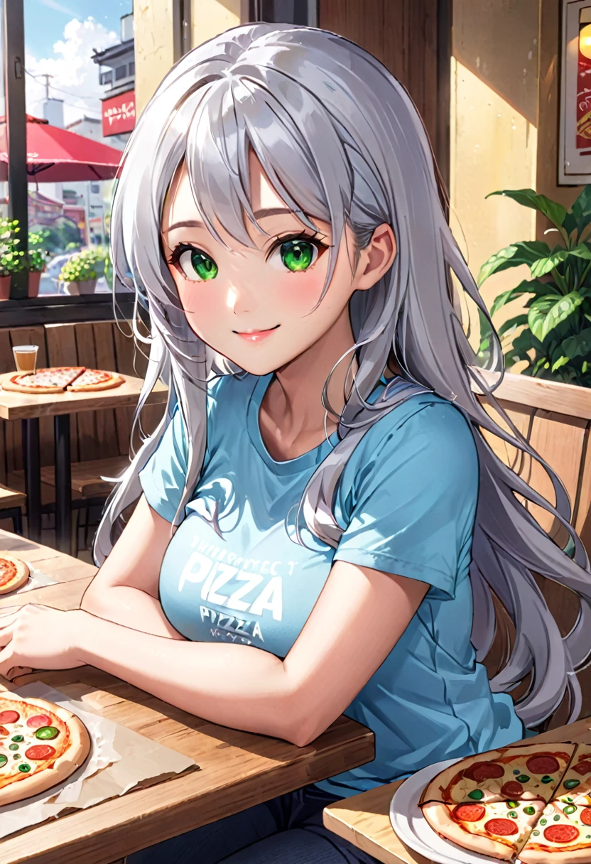 Pretty asian woman, bright silver hair, long hair, green eyes, tshirt, perfect face, busty, sitting at a table, cute pose, pizza on the table, anime style , smiling