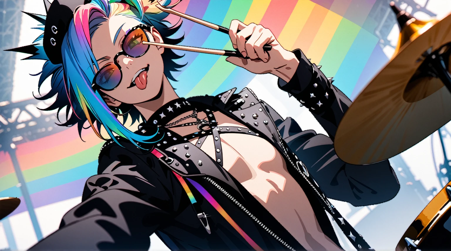 (((masterpiece,Highest quality))),(((A male anime character wearing a revealing enamel visual kei outfit with sunglasses and a multi-colored, spiky hairstyle, sitting at a drum set))),((Wearing a small hat at an angle)),((Fortress-like drum set)),(((Sticking out his tongue and holding up drumsticks))),Focus on the upper body,(high quality),アニメ,rainbow highlights hair,Artist photo style