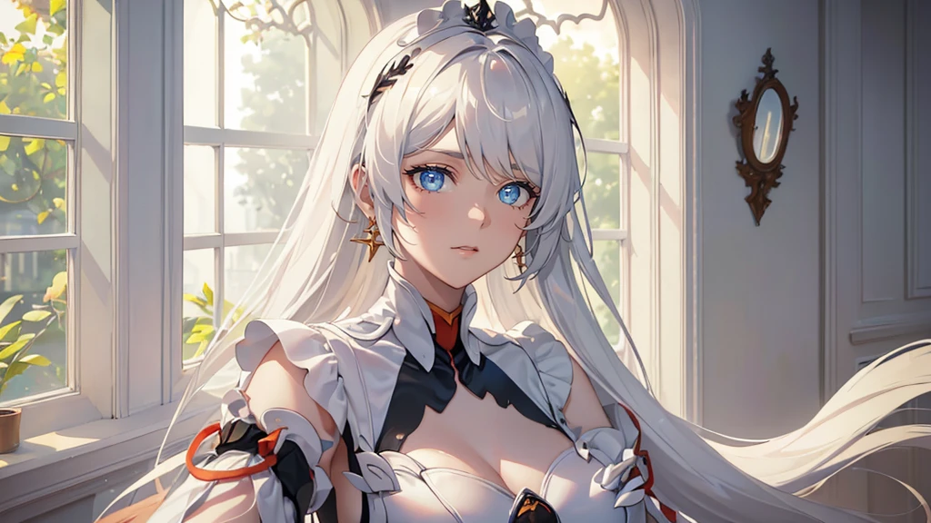 a young woman with beautiful detailed eyes, beautiful detailed lips, extremely detailed face and features, long eyelashes, smiling, short white hair, open mouth, large breasts, red eyes, hair covering one eye, upper body, photorealistic, anime style, 1 girl, solo, blurred background, chef, intricate details, high quality, volumetric lighting, vibrant colors, soft focus, sharp, elegant, beautiful, graceful, delicate