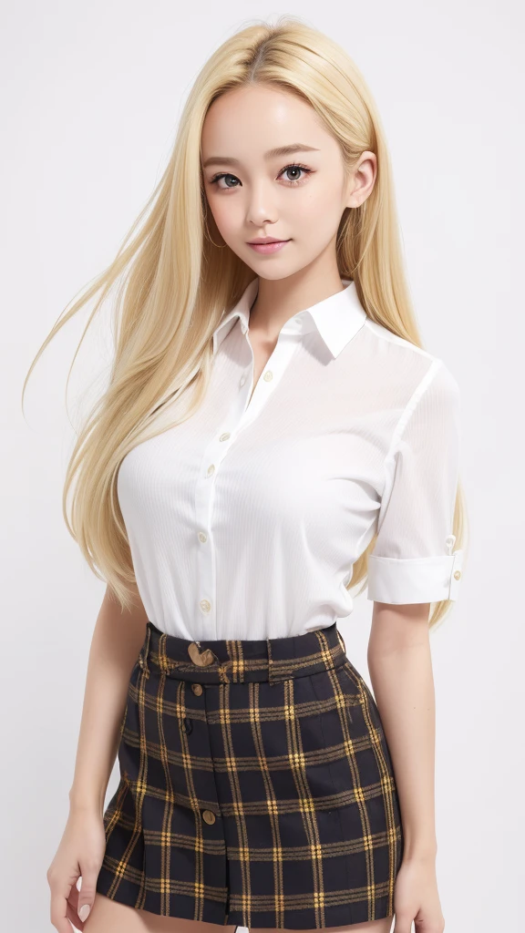 (((Blonde、forehead、Long Hair、White background)))、Sexy big boobs,12 year old beautiful girl is sexy and cute & Cute beautiful sexy face, A strong wind blows my hair in front of my face,Beautiful, cute and sexy eyes are hidden。、Belly button shirt、Very short yellow and black checkered miniskirt、Turn around and look at me with a smile、