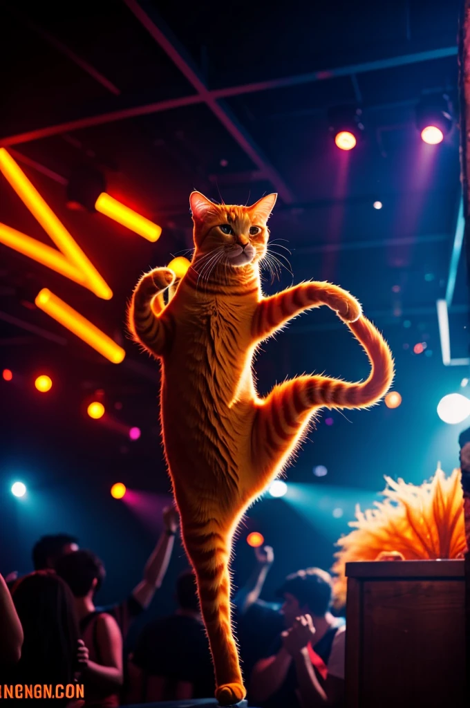 Orange cat dancing happily in a nightclub