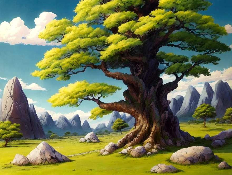 anime - style painting of a tree in a grassy field with rocks, anime countryside landscape, anime landscape, anime landscape wallpaper, anime background art, beautiful anime scenery, anime background, anime beautiful peace scene, anime scenery, anime movie background, anime nature, anime scenery concept art, colorful anime movie background, beautiful anime scene, anime scene, beautiful landscape background