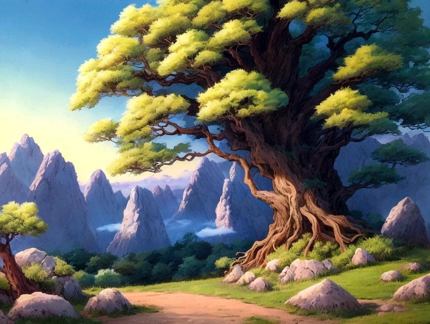 anime - style painting of a tree in a grassy field with rocks, anime countryside landscape, anime landscape, anime landscape wallpaper, anime background art, beautiful anime scenery, anime background, anime beautiful peace scene, anime scenery, anime movie background, anime nature, anime scenery concept art, colorful anime movie background, beautiful anime scene, anime scene, beautiful landscape background
