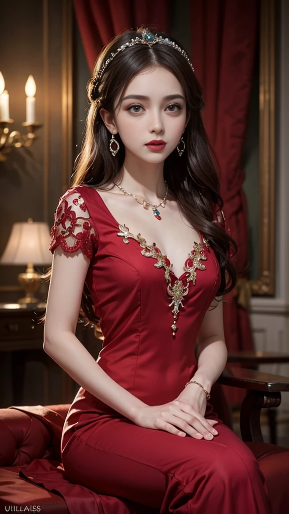 8K ultra hd, masterpiece, best quality, a beautiful girl, long hair, impressive hairstyle, royal hair jewelry, pretty cute face, flawless face, jewellery earrings, antique jewellery, details eyes, beautiful eyes, meticulous makeup, thin eyebrows, beautiful red lips, medium breasts, royal dress, red dress, laces, ralistic colors, magic effect, night background, look directly at the audience, sitting poses,