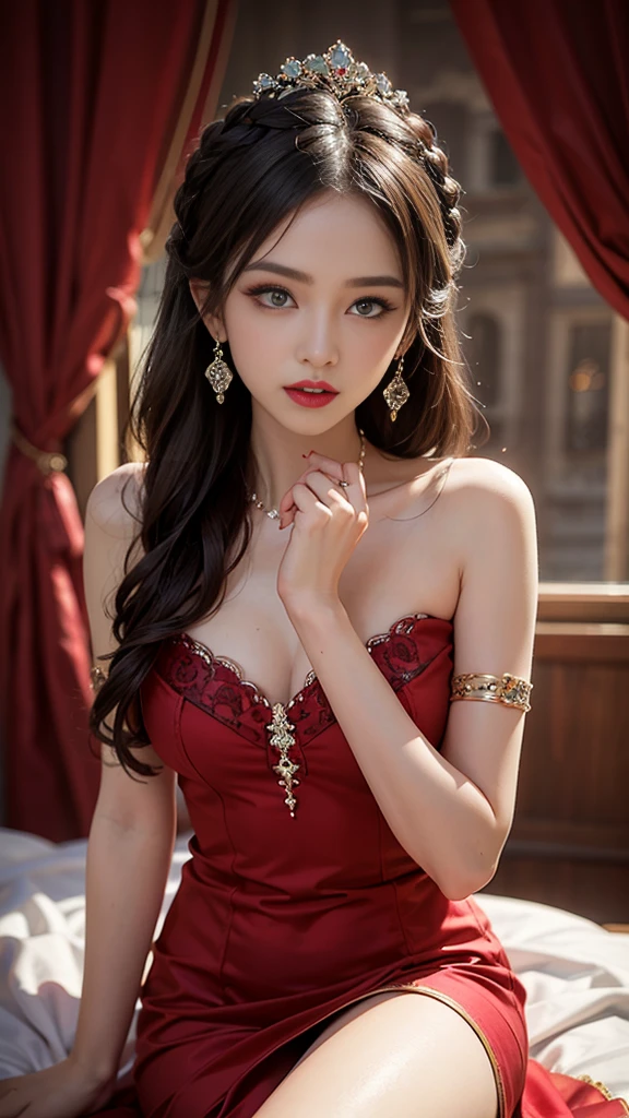 8K ultra hd, masterpiece, best quality, a beautiful girl, long hair, impressive hairstyle, royal hair jewelry, pretty cute face, flawless face, jewellery earrings, antique jewellery, details eyes, beautiful eyes, meticulous makeup, thin eyebrows, beautiful red lips, medium breasts, royal dress, red dress, laces, ralistic colors, magic effect, night background, look directly at the audience, sitting poses,