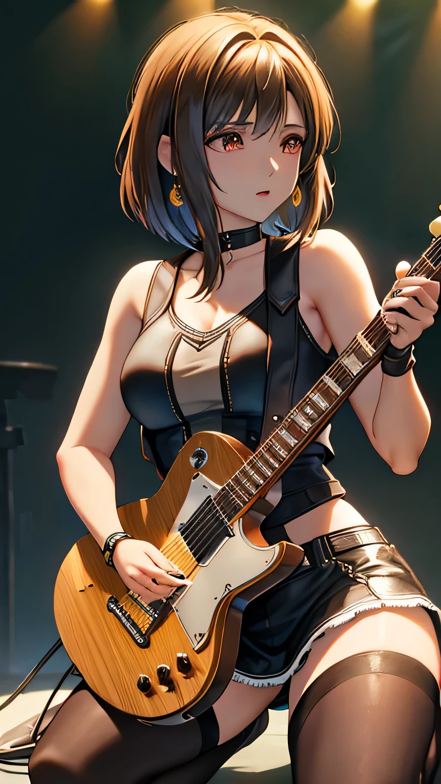 brown hair, bob cut, crystal hair, cinematic lighting, ((masterpiece)), accurate, super detail, textured skin, high quality, high details, best quality, highres, (Guitarist performing at a live venue), bathed in a multi-colored spotlight, Worn leather jacket, choker, earring, kneeling, ((Electric guitar))