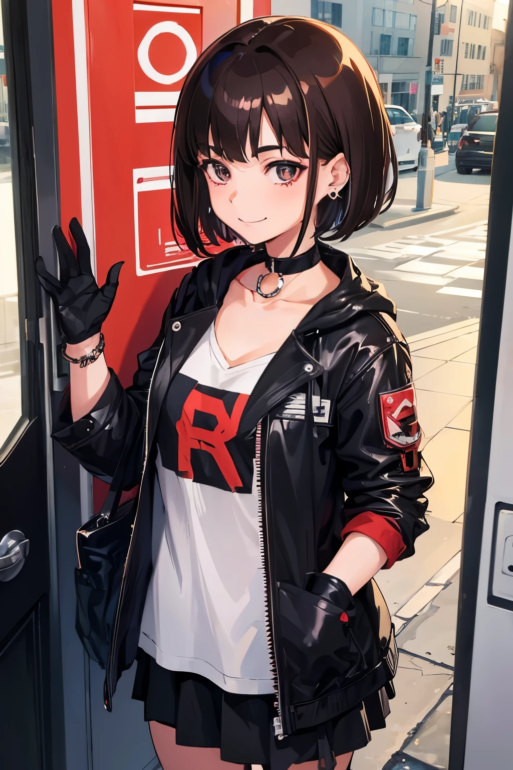 One girl, anime_Coloring, black_eye, black_gloves, brown_hair, choker, Earrings, gloves, jewelry, Letterbox, Parody, short_hair, smile, alone, style_Parody,