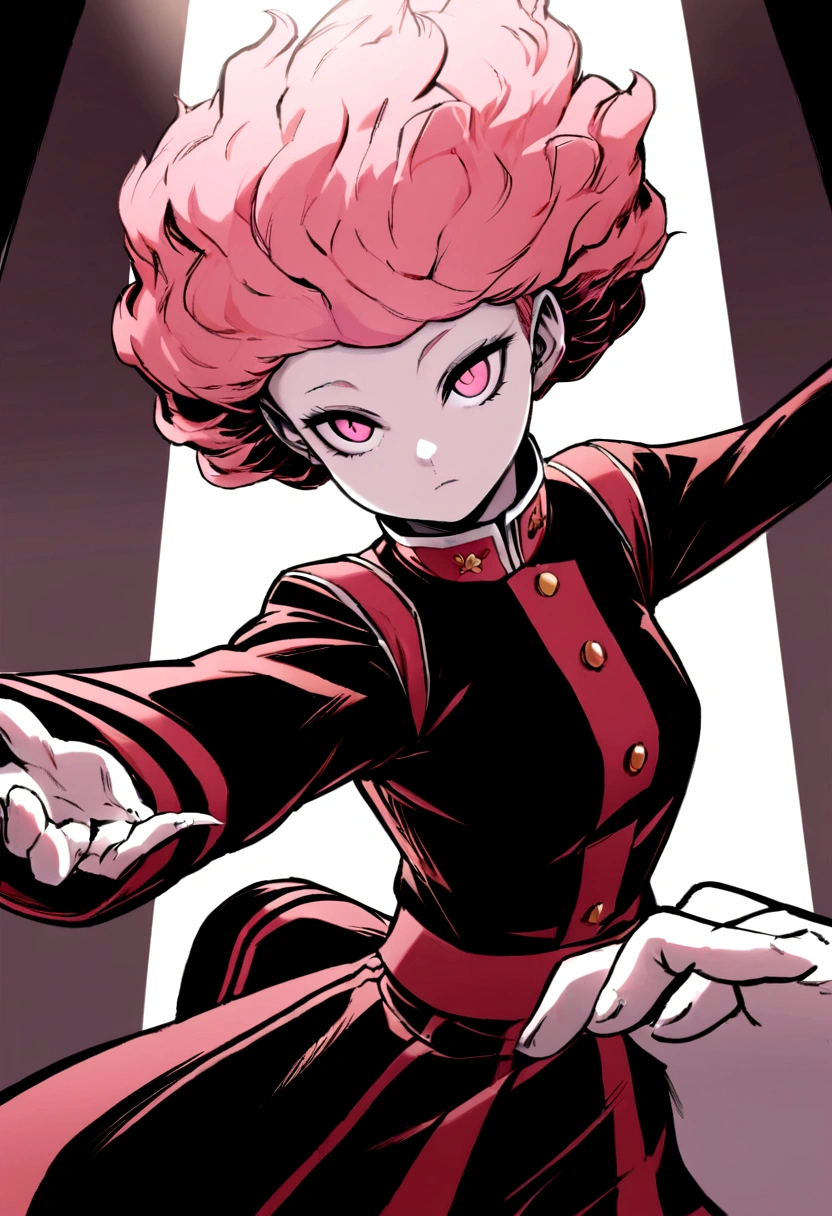 delicate face, By Kohei Horikoshi, Upper part of the body, Human, girl, two hands, soft pink eyes, pelo muy largo color White, pale skin, slightly pink cheeks, White, MHA uniform, high quality, ultra detailed, dynamic poses, front angle, beautiful light and shadow, detailed decoration, detailed lines, Fancy
