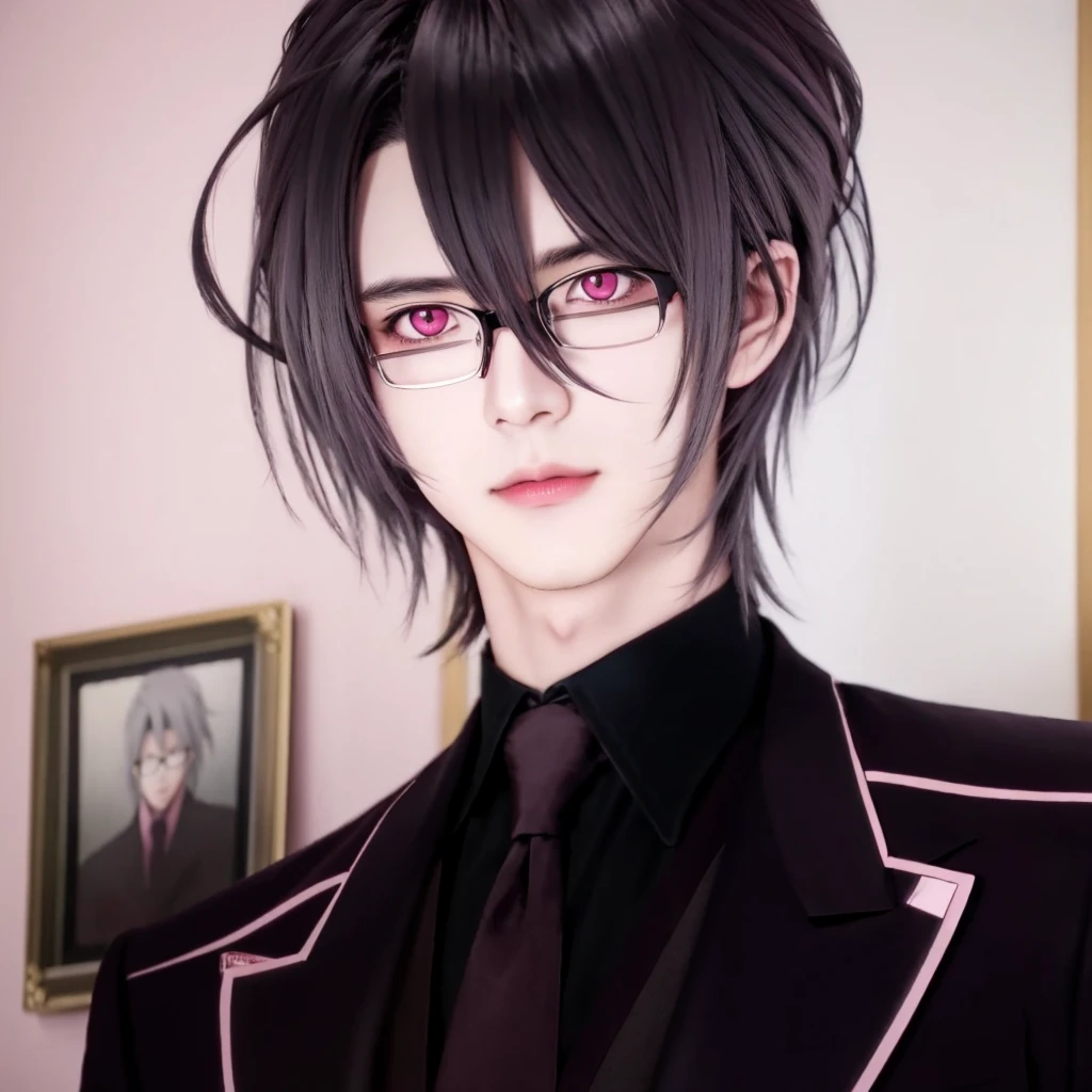 anime boy with dark grey hair and dark pink eyes in a suit, reiji sakamaki, diabolik lovers, anime guy with dark pink eyes, anime handsome man, with glasses, realistic, ultra details