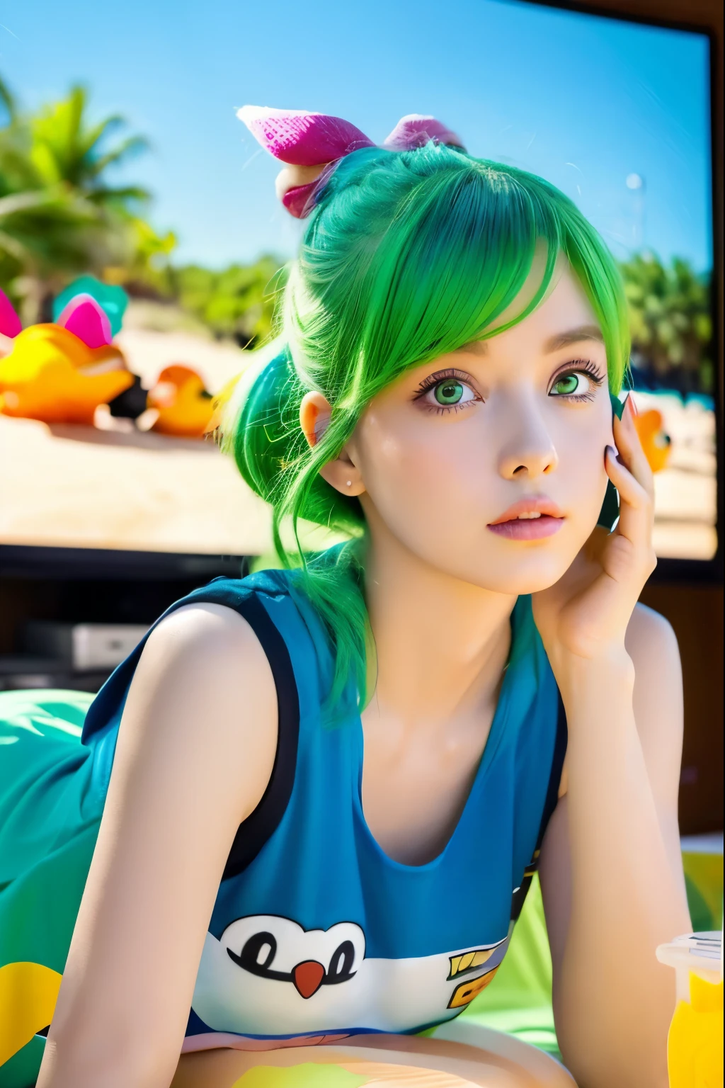 (4K), (Highest quality), (Best details), (Realistic)、A beautiful American girl watches a big screen TV on the beach under the hot sun、Green Hair、Green Eyes、Daffy Duck blue t-shirt、
