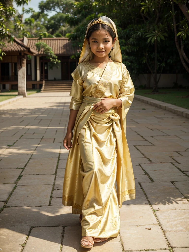 A Masterpiece, Highest quality. Photorealism style oil painting of a Stunning Beauty Javanese Little Princess, about 9 years old. Shyly smile. Wearing golden-white long hijab, batik long dress and golden long skirt. Traditional Javanese golden tiara. Javanese Imperial Park in the background. HD image, full body image, wide image, top to toes, very detailed anatomy, very detailed background.