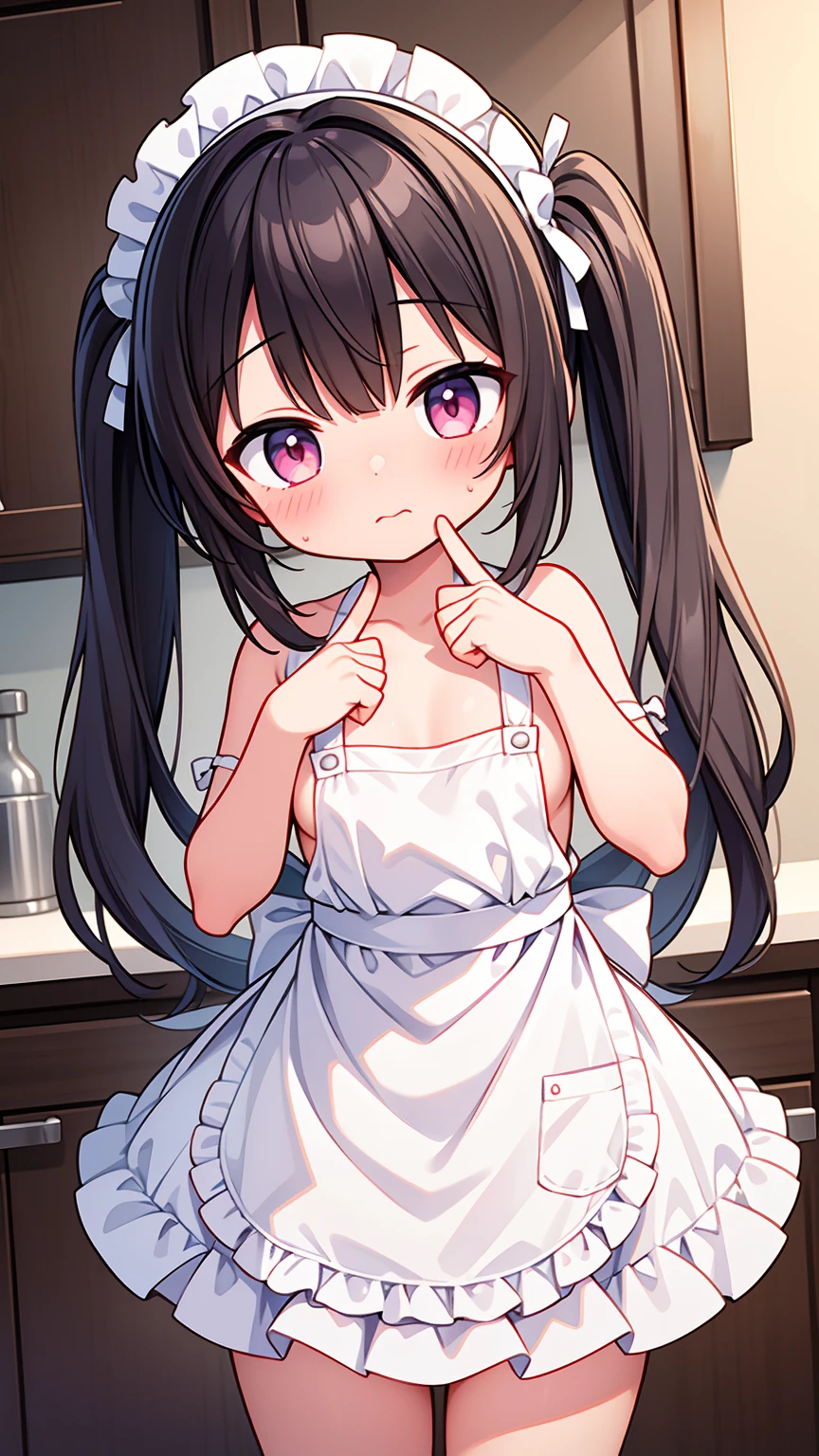 (8K, Highest image quality, highest quality, masterpiece), detailed face, ((loli girl)), (little loli curve) , black hair, short twintails, pink eyes, small breasts, naked apron, cowboy shot, put your hand on your mouth, kitchen background, ((very blushing)), ((detailed hands and fingers)), viewer perspective from below, (very blushing), apron only, (rest of the naked body)
