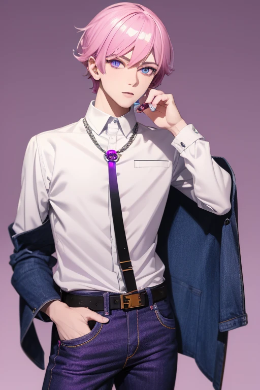 Gumball Handsome 18 year old boy with pale pink hair, pale pink skin, pierced ears, purple eyes, pale purple open jean vest, white shirt with candy print, black belt, red jeans, necklace with blue gem, looking directly at the viewer. a white background.