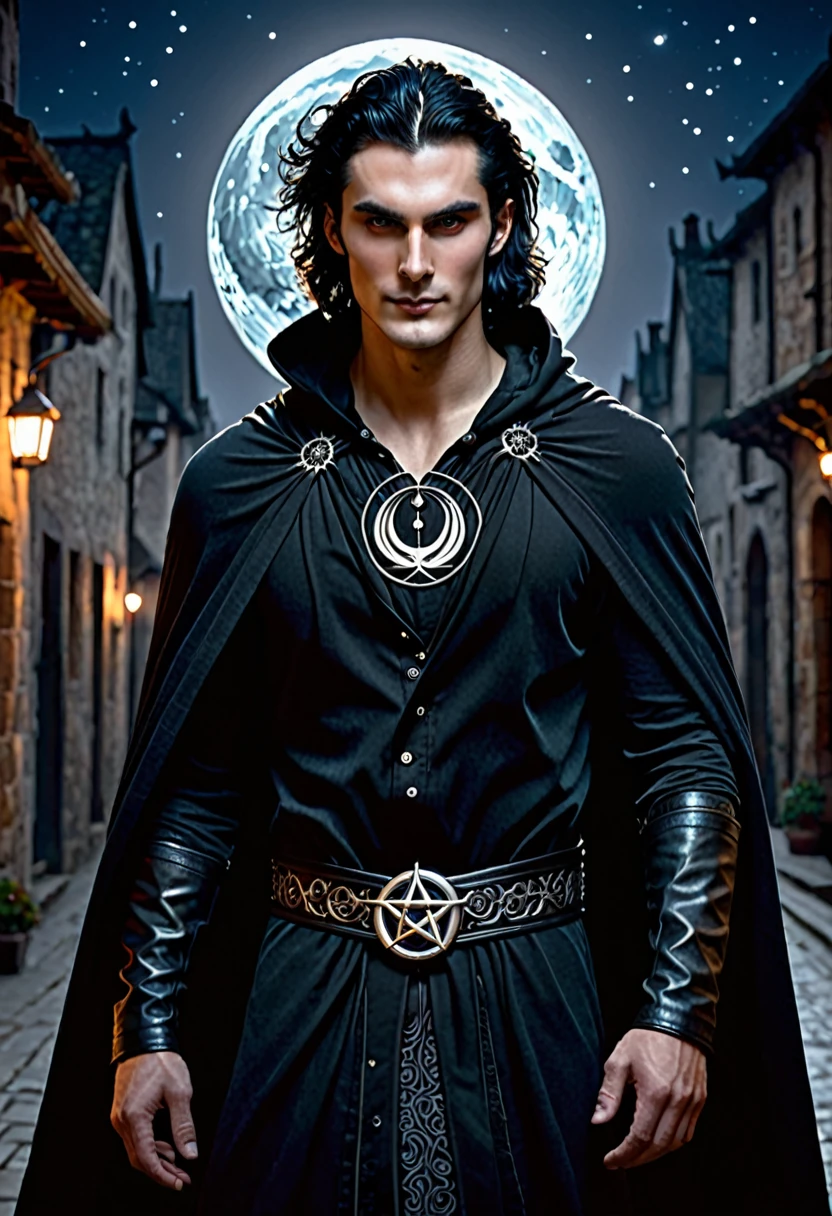 Clothing: Lorcan wears a flowing black cloak with the symbol of Tenebra – a pentagram surrounded by moon phases – embroidered in silver on the chest. Under the cloak, he wears practical, dark clothing suitable for both combat and stealth.

Accessories: He carries an amulet with the symbol of Tenebra, which he uses as a holy focus. On his belt, there are small pouches containing spell components and thief tools. He also has a short-bladed dagger, often concealed in his garments.

Physical Characteristics: As a sulfure, Lorcan has skin with a slight reddish tint, hinting at his infernal heritage. He is of medium height with a lean physique, his muscles defined by a life on the streets. His hair is black, usually slicked back, but some strands fall across his face, adding to his mysterious aura. His eyes glow with a faint, otherworldly light, giving him a captivating and intimidating presence.

Face: His face is angular with strong features. His eyes are a deep blue with a subtle, fiery glow, seeming to see through people, uncovering their deepest secrets. He often wears an enigmatic smile that suggests both confidence and mischief. Small, barely noticeable horns protrude from his hairline, further emphasizing his infernal nature.

Additional Details: In the shadows, Lorcan seems to blend in almost magically, as if the darkness itself is an extension of his being. His presence is both intimidating and fascinating, making it hard to look away when he is around. Occasionally, a faint sulfuric smell accompanies him, a subtle reminder of his true heritage.