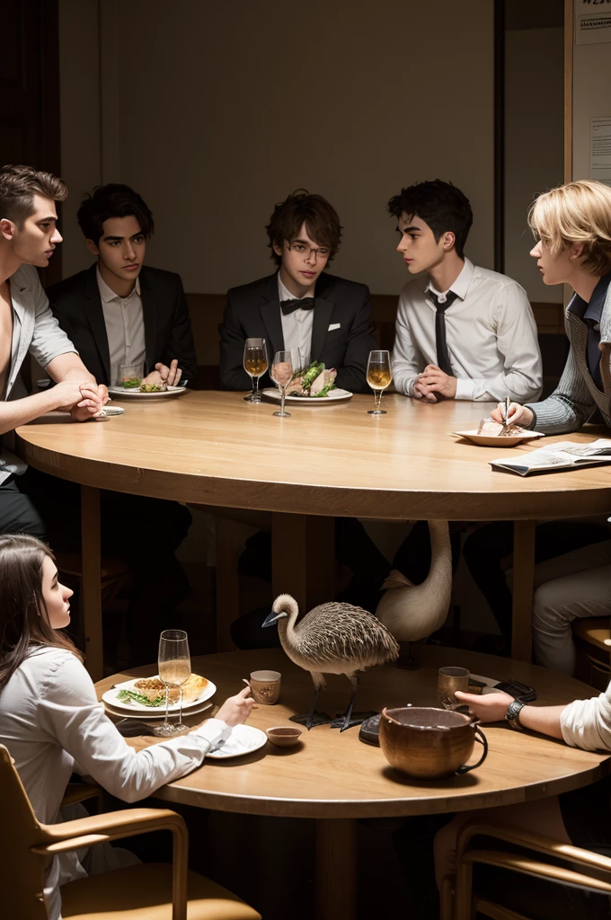 make an image of 6 people interacting at a table: an alpha male, a Sigma male, a shady emu, an ananindeuense psychopath, a psychology student and a seductive pan