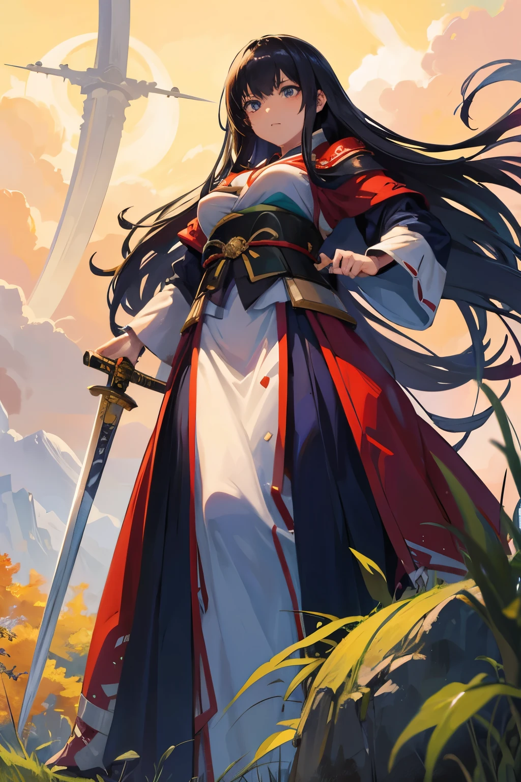 Japanese anime style. woman. middle ages. Europe. Fantasy. skirt. sword. Are standing. whole body. From below.  