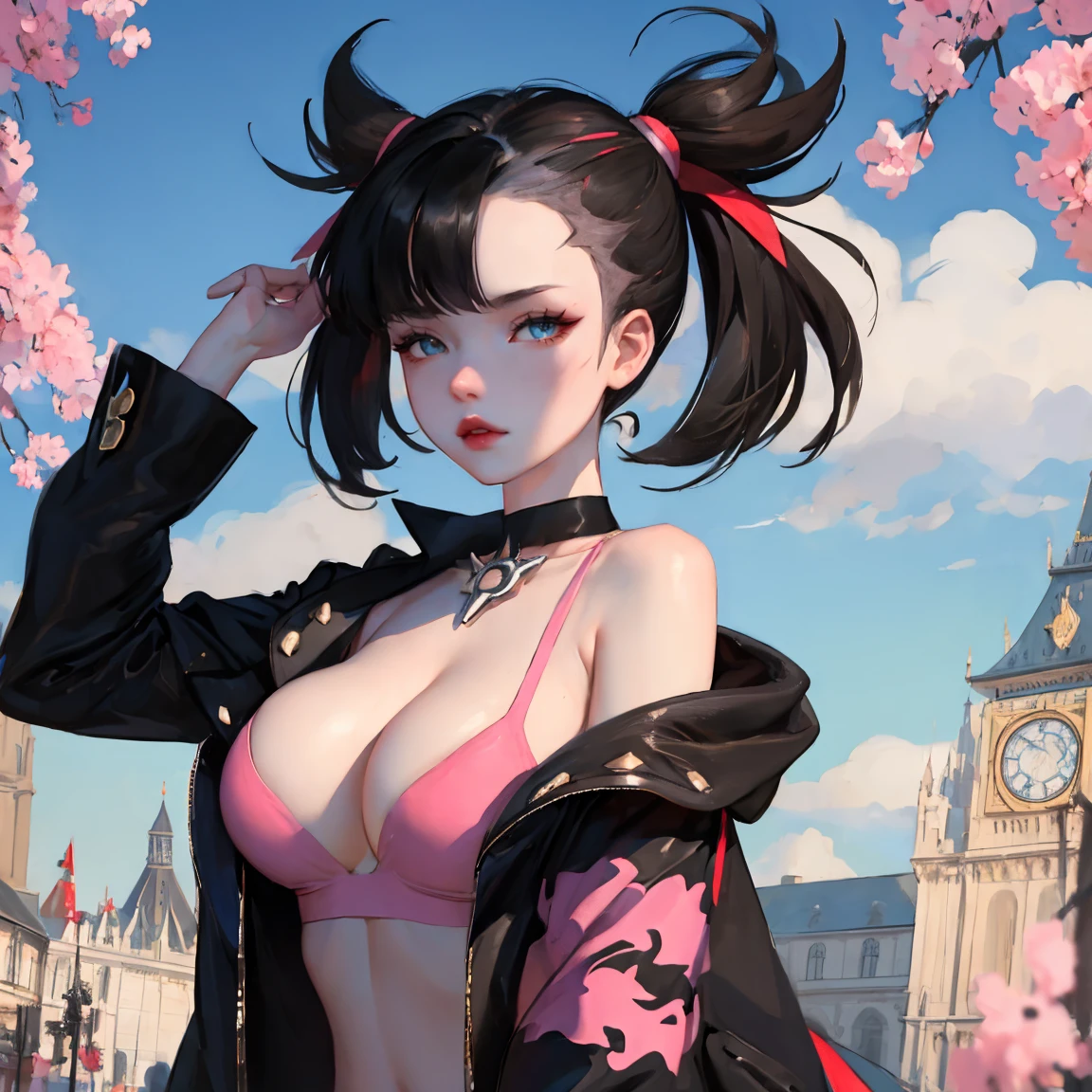 ((masterpiece, best quality)) Marnie, (pokemon), cutesexyrobutts, Big sleepy eyes, red lips, black jacket, full body, aqua eyes only head and shoulders, russian woman, adult woman, style boobapad, London background, Big Ben, fluffy clouds, upper body, portrait, breast focus, 1girl, perfect breasts, big breasts, asymmetrical bangs, asymmetrical hair, bangs, huge breasts, half shaved haircut Pink ribbons in hair, Black choker, nipples.