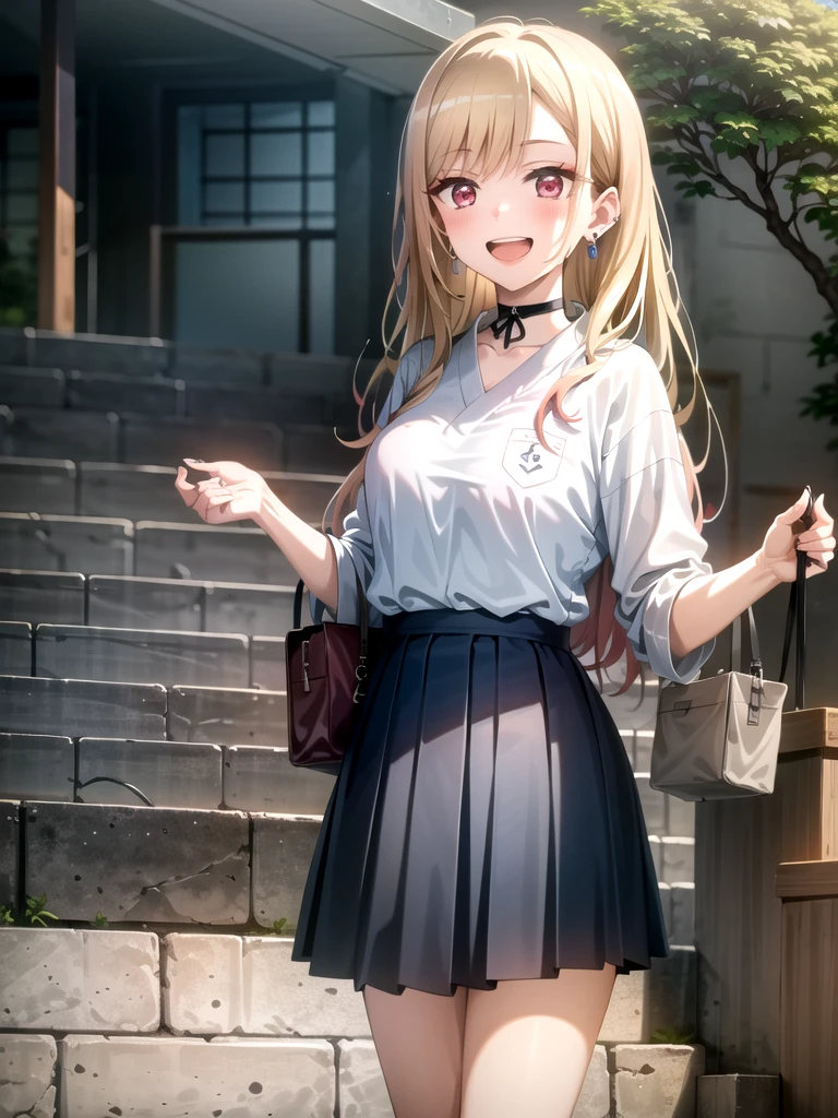 yukata, japan, cherry blossoms, best quality, (masterpiece:1.2), detailed, kitagawa marin sb, 1girl, solo, open mouth, grin, smile, long hair, blonde hair, red eyes, multicolored hair, earrings, wearing a white Real Madrid tshirt, choker, white Real Madrid tshirt, pleated skirt, blue skirt, standing, looking at the viewer, outdoors,