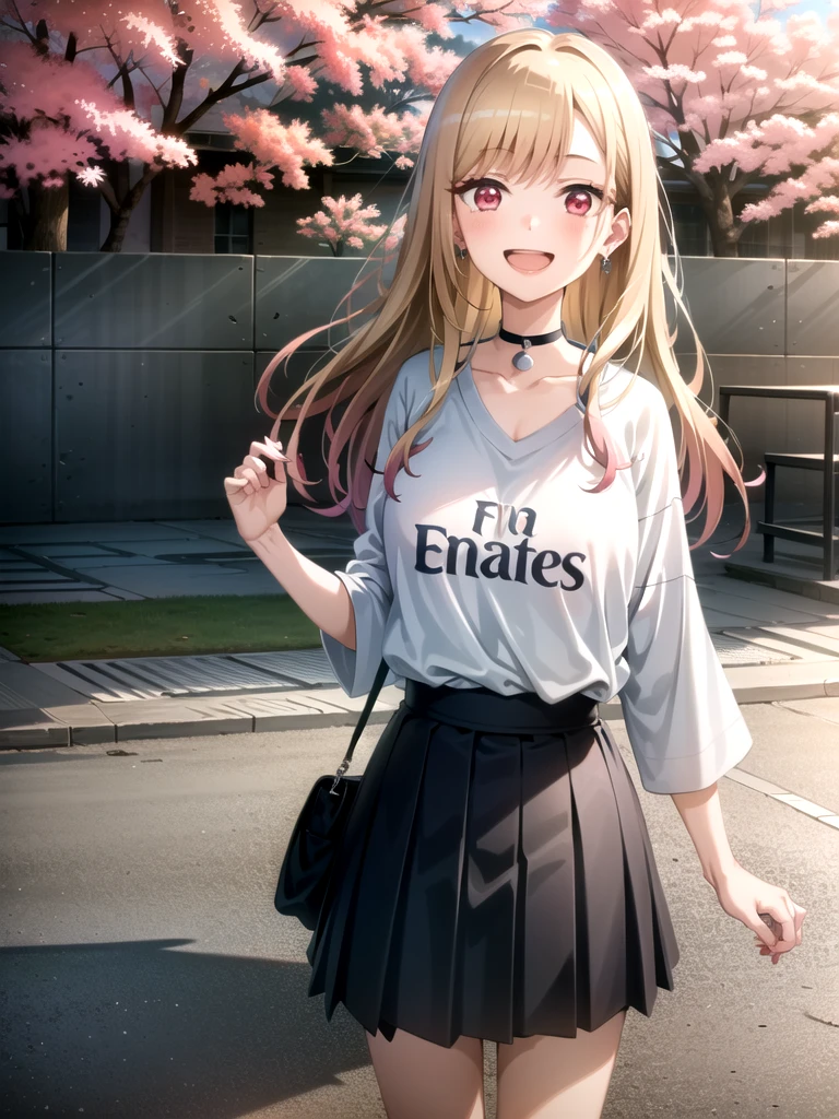 yukata, japan, cherry blossoms, best quality, (masterpiece:1.2), detailed, kitagawa marin sb, 1girl, solo, open mouth, grin, smile, long hair, blonde hair, red eyes, multicolored hair, earrings, wearing a white Real Madrid tshirt, choker, white Real Madrid tshirt, pleated skirt, blue skirt, standing, looking at the viewer, outdoors,