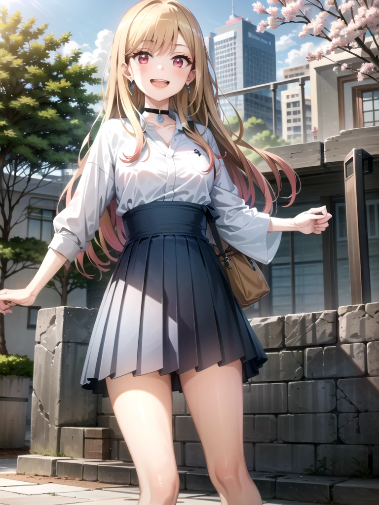  yukata, japan, cherry blossoms, best quality, (masterpiece:1.2), detailed, kitagawa marin sb, 1girl, solo, open mouth, grin, smile, long hair, blonde hair, red eyes, multicolored hair, earrings, wearing a white Real Madrid tshirt, choker, white Real Madrid tshirt, pleated skirt, blue skirt, standing, looking at the viewer, outdoors,