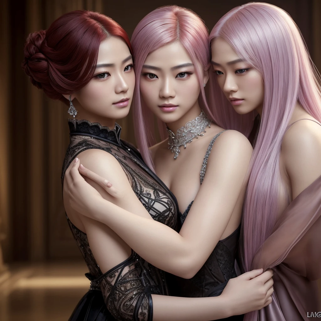 1 Asian gay couple, 1 short Asian man with shoulder-length red hair and pink eyes wearing sensual clothes, 1 tall Asian albino young man with long silver hair down to his waist wearing expensive black Victorian-style clothes, intimate embrace, loving expression, photorealistic, 4k, ultra-detailed, hyper-realistic, cinematic lighting, vibrant colors, intricate details, masterpiece, (best quality,4k,8k,highres,masterpiece:1.2),ultra-detailed,(realistic,photorealistic,photo-realistic:1.37),extremely detailed eyes and face,longeyelashes,beautiful detailed eyes,beautiful detailed lips,elegant,romantic,atmospheric,dramatic
