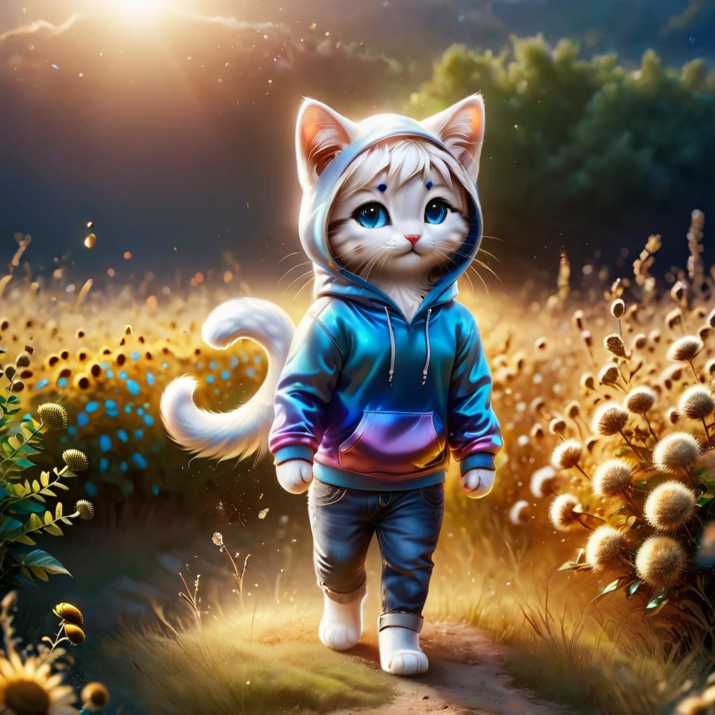 best quality, detailed, hyper detailed, beautiful, 8K, absurdres, village, a kitty, happy, smiling, standing, looking to the right, white hair, blue eyes, chibi, plump, hoodie, jeans, 5-year-old, in the grassland, in the afternoon, fantasy, photorealistic, ultra realistic photo, 3D render, anthropomorphism, full body shot, on right, wide view, rule of thirds, midday, shining lights, dramatic lighting, volumetric lighting, depth of field, dramatic contrast, DarkGoldenrod