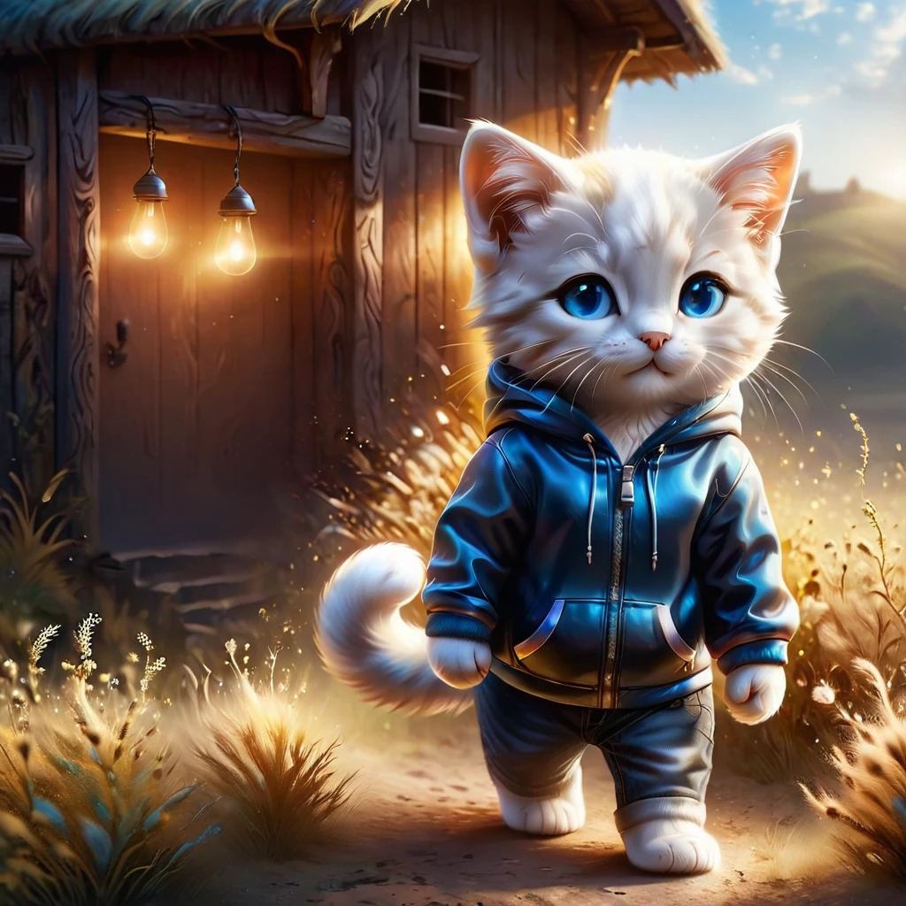best quality, detailed, hyper detailed, beautiful, 8K, absurdres, village, a kitty, happy, smiling, standing, looking to the right, white hair, blue eyes, chibi, plump, hoodie, jeans, 5-year-old, in the grassland, in the afternoon, fantasy, photorealistic, ultra realistic photo, 3D render, anthropomorphism, full body shot, on right, wide view, rule of thirds, midday, shining lights, dramatic lighting, volumetric lighting, depth of field, dramatic contrast, DarkGoldenrod