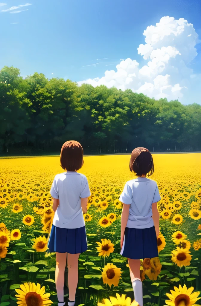 (masterpiece, 最high quality, high quality, High resolution:1.4)Hayao Miyazaki,Back view，Children，Sunflower field