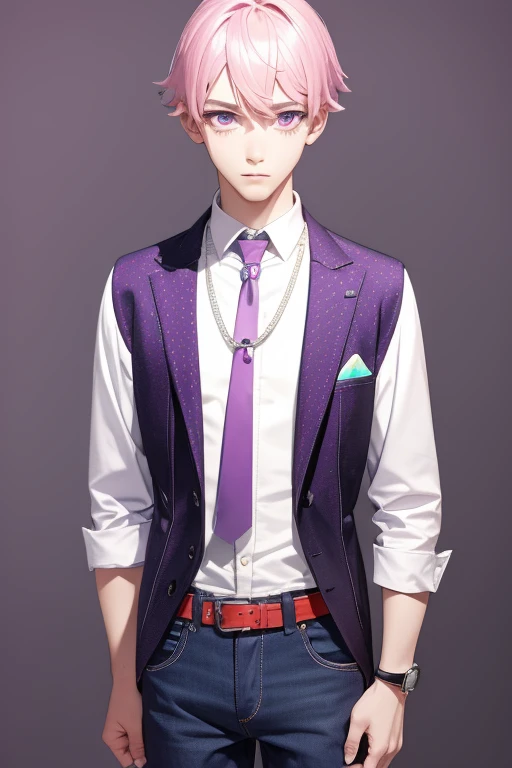 Gumball Handsome 18 year old boy with pale pink hair, pale pink skin, pierced ears, purple eyes, pale purple open jean vest, white shirt with candy print, black belt, red jeans, necklace with blue gem, looking directly at the viewer. a white background.