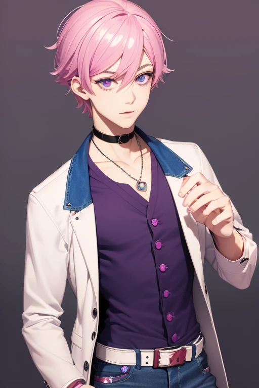 Gumball Handsome 18 year old boy with pale pink hair, pale pink skin, pierced ears, purple eyes, pale purple open jean vest, white shirt with candy print, black belt, red jeans, necklace with blue gem, looking directly at the viewer. a white background.