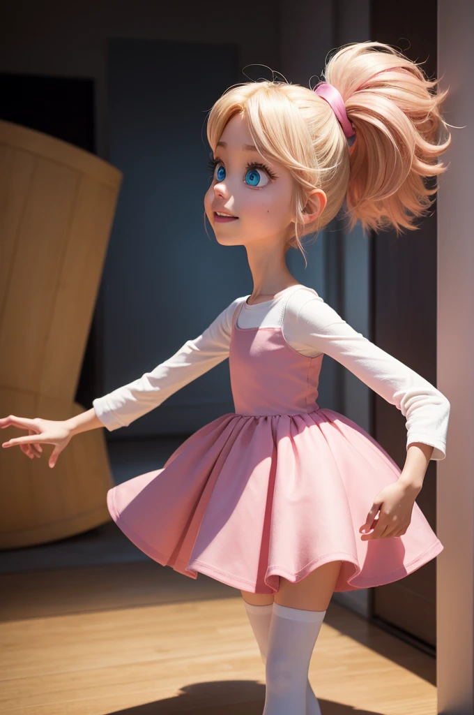 you work at Pixar and here you will help me create the character for the film “Inside Out 2” the character must be:Gender: female hair: light long with tall blonde locks:lower your eyes:brown Emotion:happy character color : white background color: pink make the character as similar as possible to the film animation style.It must not be a 2D drawing and the background must be neutral, highlighting the main color,featuring only the main character,standing alone