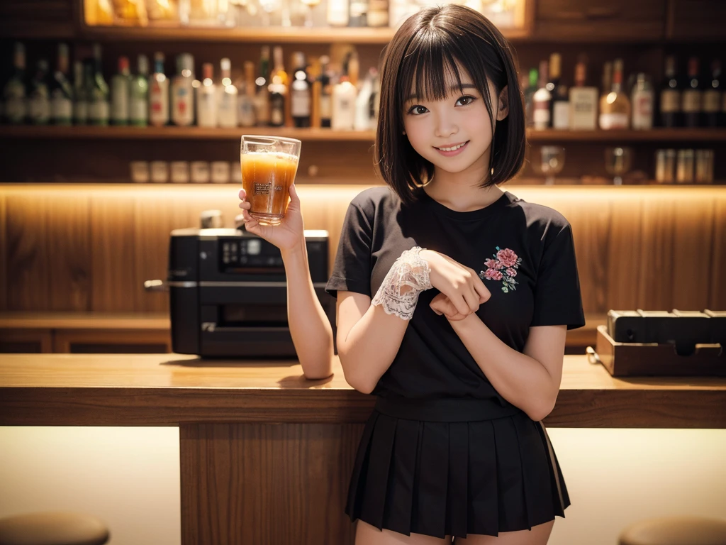 (Highest quality, masterpiece, Ultra-high resolution, 8K, RAW Photos, Realistic, Anatomically correct:1.5), (Stainless steel round bar fence:1.0, Put your elbow on the fence:1.2, high school girl、20-year-old girl:1.2, Embarrassing, avert your eyes, blush:1.0, View Viewer, ((bar)) 、Night view、 Light:1.2, Bokeh, Cinema Lighting:1.0, Depth of written boundary, sharp、 Cute face、Idol、Black short sleeve lace top、Black pleated skirt、Black clothing、”dwarf”、(Floral clothes)、Full Body Shot、Cowboy Shot、(( smile))、(Ultra short hair、Straight Hair)、(Straight bangs)、
