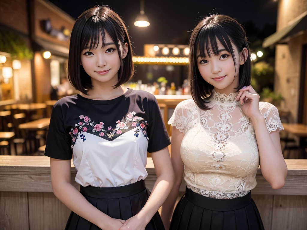 (Highest quality, masterpiece, Ultra-high resolution, 8K, RAW Photos, Realistic, Anatomically correct:1.5), (Stainless steel round bar fence:1.0, Put your elbow on the fence:1.2, high school girl、20-year-old girl:1.2, Embarrassing, avert your eyes, blush:1.0, View Viewer, ((bar)) 、Night view、 Light:1.2, Bokeh, Cinema Lighting:1.0, Depth of written boundary, sharp、 Cute face、Idol、Black short sleeve lace top、Black pleated skirt、Black clothing、”dwarf”、(Floral clothes)、Full Body Shot、Cowboy Shot、(( smile))、(Ultra short hair、Straight Hair)、(Straight bangs)、