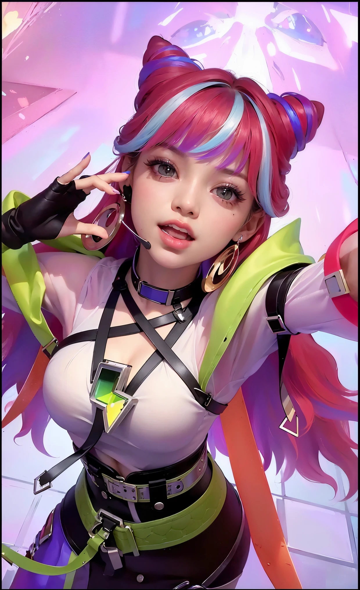 (8k, RAW photo, photorealistic:1.25) ,( lipgloss, eyelashes, gloss-face, glossy skin, best quality, ultra highres, depth of field, chromatic aberration, caustics, Broad lighting, natural shading,Kpop idol) looking at viewer with a serene and goddess-like happiness, medium breasts,cleavage