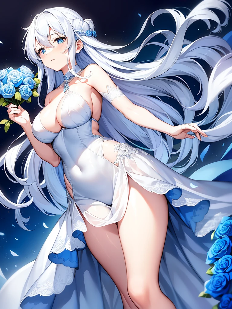 A fragile woman of a certain age with an aura of sadness、Holding a bouquet of blue roses、I am so emotional I am crying、Round, droopy blue eyes、Fine wavy long white hair、Medium breasts and curvy legs、White Wedding Dress、Standing pose