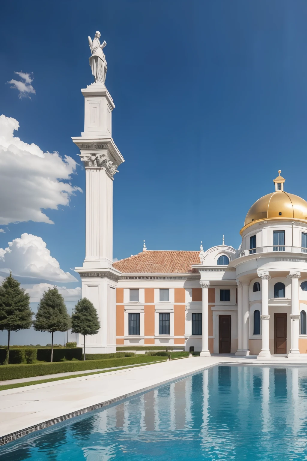 Create a model of a building inspired by Andrea Palladio, combining elements from Villas Rotonda, Barbaro and Foscari, including a centralized plan with dome, porticos with Ionic and Doric columns, an imposing and symmetrical facade