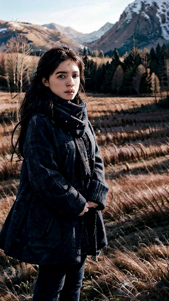 8k, best quality, masterpiece, realistic, ultra detail, photo realistic, Increase quality,
a photo of a girl standing in a field with a scarf, in the style of dark and brooding designer, voluminous mass, photobash, serene faces, jagged edges, navy, natural beauty, close-up shot