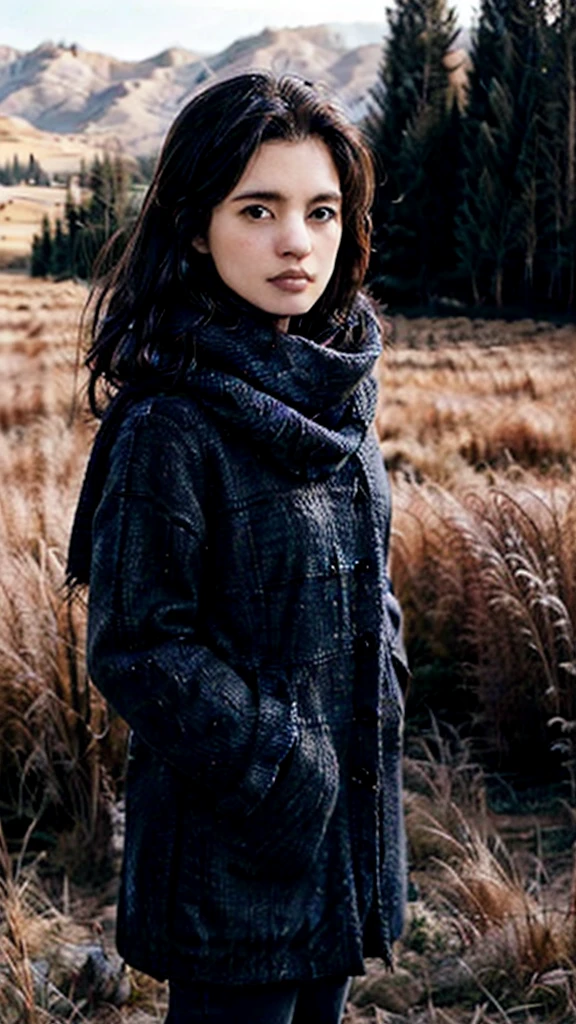 8k, best quality, masterpiece, realistic, ultra detail, photo realistic, Increase quality,
a photo of a girl standing in a field with a scarf, in the style of dark and brooding designer, voluminous mass, photobash, serene faces, jagged edges, navy, natural beauty, close-up shot