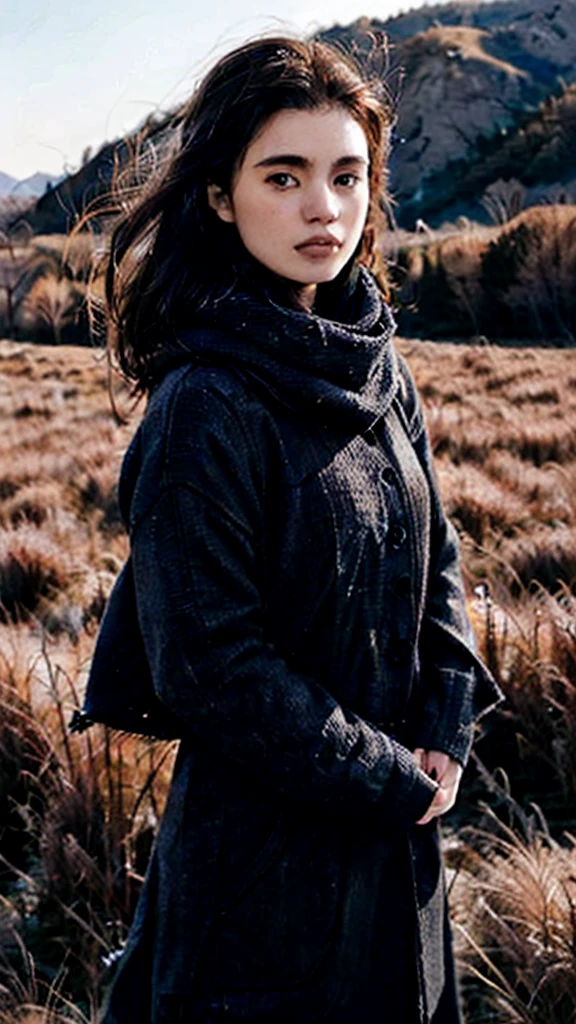 8k, best quality, masterpiece, realistic, ultra detail, photo realistic, Increase quality, 
a photo of a girl standing in a field with a scarf, in the style of dark and brooding designer, voluminous mass, photobash, serene faces, jagged edges, navy, natural beauty, close-up shot
