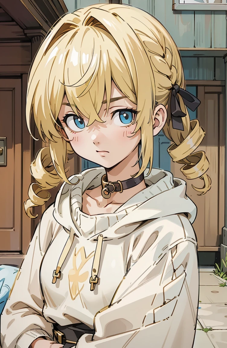 (masterpiece, best quality, ultra-detailed, illustration), beautiful face, blonde hair, perfect body, 1girl in, solo, hoodies in sweater, hair ribbon, drill hair, twin drills, camisoles and dress, straps, village, old houses, outdoors, folk, legends, collar, handcuffs