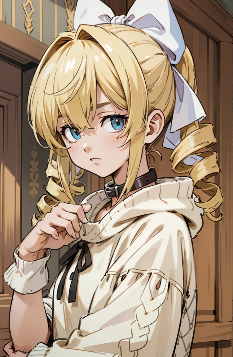 (masterpiece, best quality, ultra-detailed, illustration), beautiful face, blonde hair, perfect body, 1girl in, solo, hoodies in sweater, hair ribbon, drill hair, twin drills, camisoles and dress, straps, village, old houses, outdoors, folk, legends, collar, handcuffs