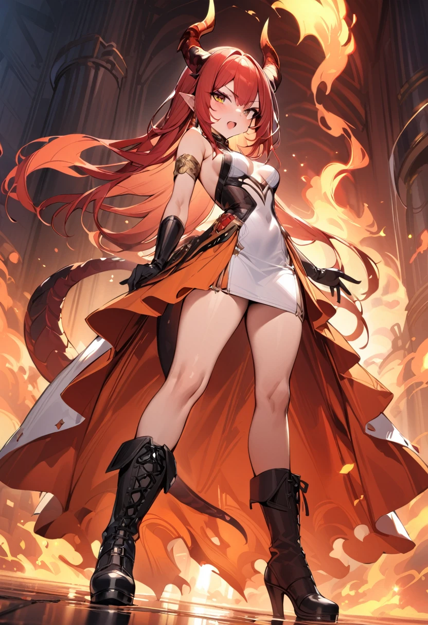 (masterpiece:1.2), (highest quality:1.2), 1girl, fire, solo, tail, horns, dragon-tail, dragon-girl, orange-hair, gloves, dress, dragon-horns, white-dress, looking-at-viewer, black-gloves, standing, bare-shoulders, full-body, red-hair, bangs, open-mouth, armlet, breasts, brown-eyes, scales, small-breasts, black-footwear, fiery-hair, hair-between-eyes, sleeveless, skirt, sleeveless-dress, jewelry, v-shaped-eyebrows, boots, orange-skirt
