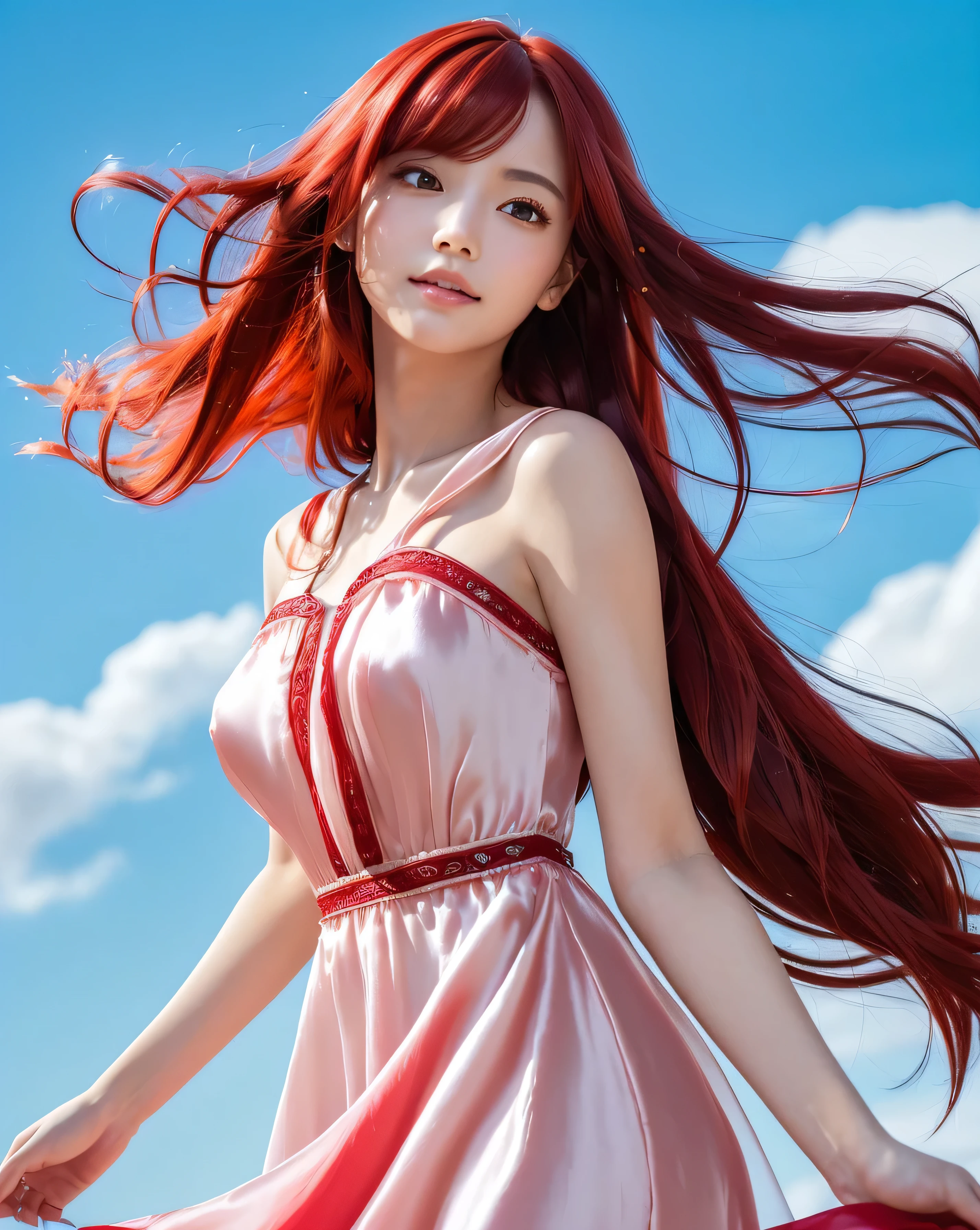 (((masterpiece+best quality+high resolution+ultra-detailed))), 1girl with clima-tact, Nami, long silky orange hair, high nose, sharp eyes, noble and inviolable temperament, (([female]: 1.2 + [beauty]: 1.2 + orange long hair: 1.2)), pirate ship background, blue sky, clouds, bracelets, white long sleeve mini dress and donned another belt, bright eyes, dynamic angle and posture.