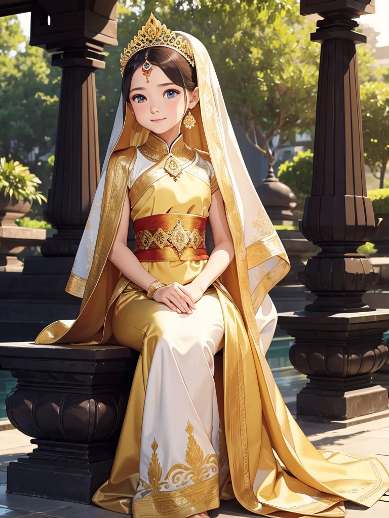 A Masterpiece, Highest quality. Photorealism style oil painting of a Stunning Beauty Javanese Little Princess, about . Shyly smile. Wearing golden-white long hijab, batik long dress and golden long skirt. Traditional Javanese golden tiara. Javanese Imperial Park in the background. HD image, full body image, wide image, top to toes, very detailed anatomy, very detailed background.