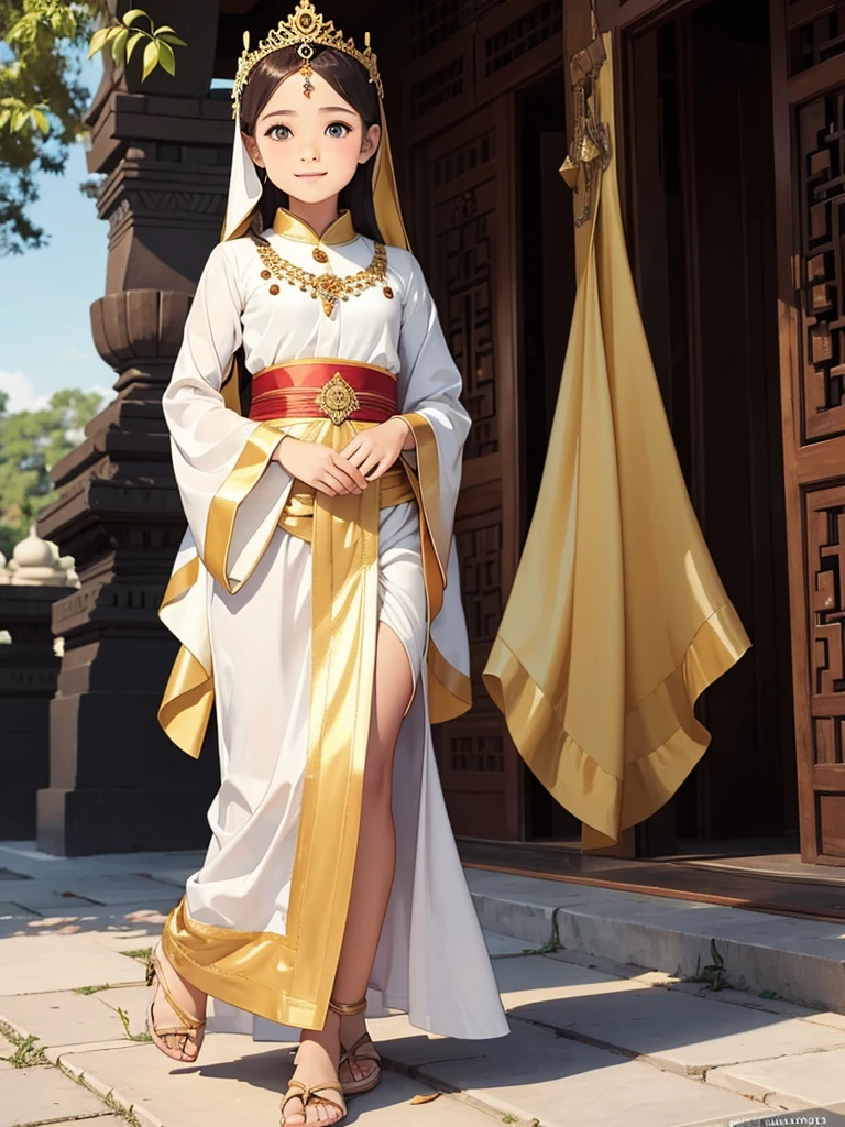 A Masterpiece, Highest quality. Photorealism style oil painting of a Stunning Beauty Javanese Little Princess, about 9 years old. Shyly smile. Wearing golden-white long hijab, batik long dress and golden long skirt. Traditional Javanese golden tiara. Javanese Imperial Park in the background. HD image, full body image, wide image, top to toes, very detailed anatomy, very detailed background.