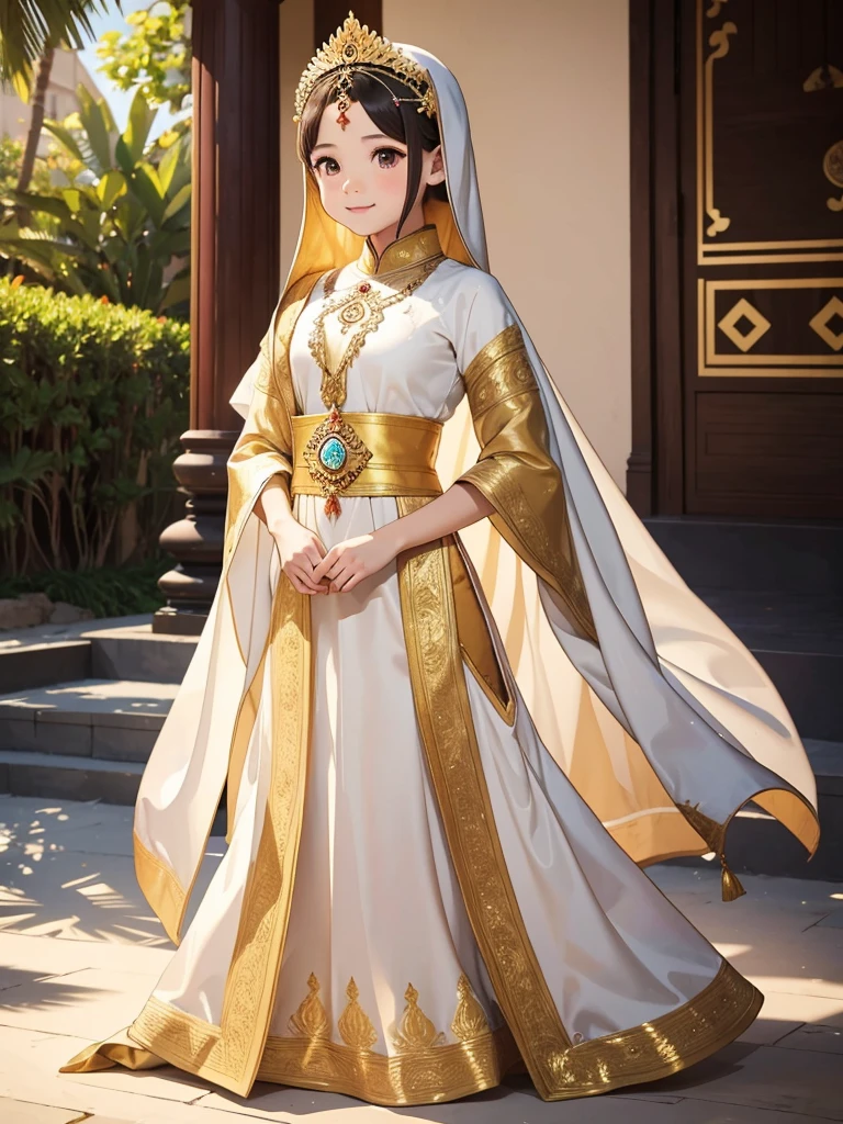 A Masterpiece, Highest quality. Photorealism style oil painting of a Stunning Beauty Javanese Princess, about 9 years y smile. Wearing golden-white long hijab, batik long dress and golden long skirt. Traditional Javanese golden tiara. Javanese Imperial Park in the background. HD image, full body image, wide image, top to toes, very detailed anatomy, very detailed background.