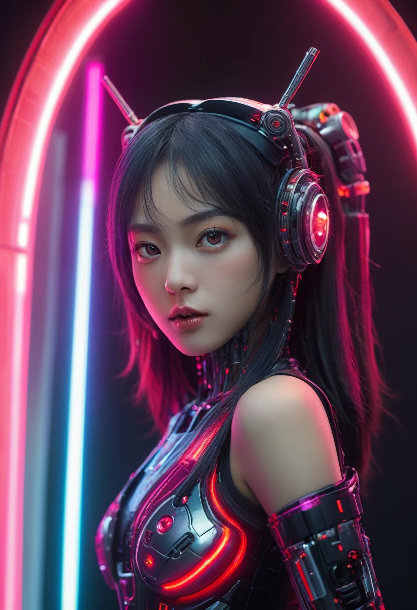 xxmixgirl. Highly detailed professional 35mm film, bokeh, face in sharp focus. A robotic female, Miku, with ((metal skin)), ((perfect Asian eyes)) with magenta irises and ((black pupils)), beautiful serious (detailed face), 18 year old ((photorealistic face)), very long magenta twin tails of magenta hair, twin black hair ties with a single red stripe. She may have a black audio headpiece. We can see her ((full body)) down to her boot soles. Her outfit is a sleeveless collared light grey shirt, outlined in red around the frilled collar and hems. Shiny reflective ((metallic breast cups, dimpleless)), invisible nipples. She wears black sleeves with red hems that start around her upper arm and bellow out as the sleeves open and extend to her wrists, with wide trumpet red rimmed cuffs. She has perfect robotic (detailed hands). She wears a red colored tie with two horizontal solid parallel black lines halfway across. She wears a fabric black skirt with a horizontal red hem at the bottom all the way around; her (((black skirt wraps around her))) and ((her skirt completely covers)) her robotic waist and thighs. Tall black boots with red bottom soles, a red rim around the top at her thighs. Her mechanical shoulder joints are visible. We can see her robotic legs and robotic neck. Half of her is covered with shiny polished machinery. The background is a distant dark neon futuristic Japanese city, gold, cyan, violet neon, near harbor or mountains.