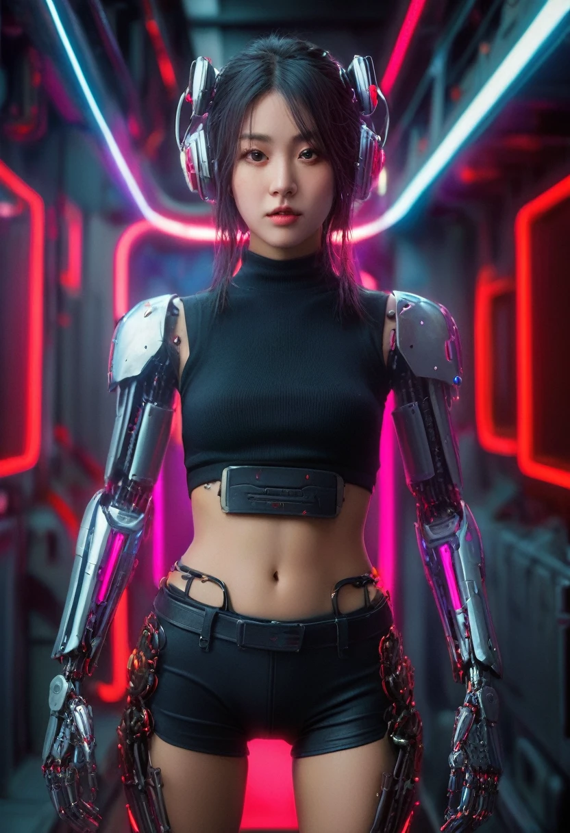 xxmixgirl. Highly detailed professional 35mm film, bokeh, face in sharp focus. A robotic female, Miku, with ((metal skin)), ((perfect Asian eyes)) with magenta irises and ((black pupils)), beautiful serious (detailed face), 18 year old ((photorealistic face)), very long magenta twin tails of magenta hair, twin black hair ties with a single red stripe. She may have a black audio headpiece. We can see her ((full body)) down to her boot soles. Her outfit is a sleeveless collared light grey shirt, outlined in red around the frilled collar and hems. Shiny reflective ((metallic breast cups, dimpleless)), invisible nipples. She wears black sleeves with red hems that start around her upper arm and bellow out as the sleeves open and extend to her wrists, with wide trumpet red rimmed cuffs. She has perfect robotic (detailed hands). She wears a red colored tie with two horizontal solid parallel black lines halfway across. She wears a fabric black skirt with a horizontal red hem at the bottom all the way around; her (((black skirt wraps around her))) and ((her skirt completely covers)) her robotic waist and thighs. Tall black boots with red bottom soles, a red rim around the top at her thighs. Her mechanical shoulder joints are visible. We can see her robotic legs and robotic neck. Half of her is covered with shiny polished machinery. The background is a distant dark neon futuristic Japanese city, gold, cyan, violet neon, near harbor or mountains.