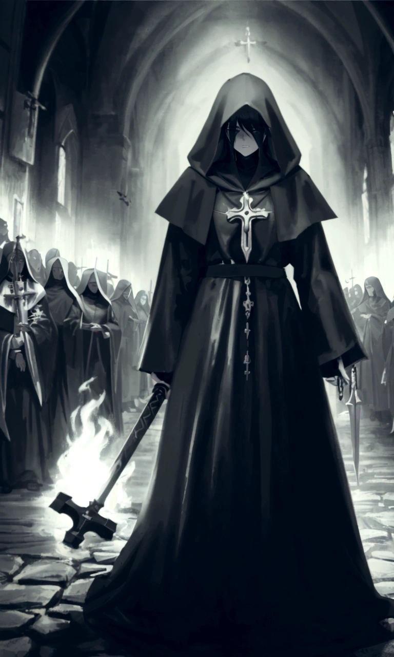 A black and white photograph of a person wearing a hooded robe and holding a sword., dark robes, dark dress, wearing dark robes, dark priest, sacrilegious rite, Holy Inquisition, black robes, dress, occultist, unholy meeting, dark robe, dark fantasy horror art, an evil nun, lucky winner