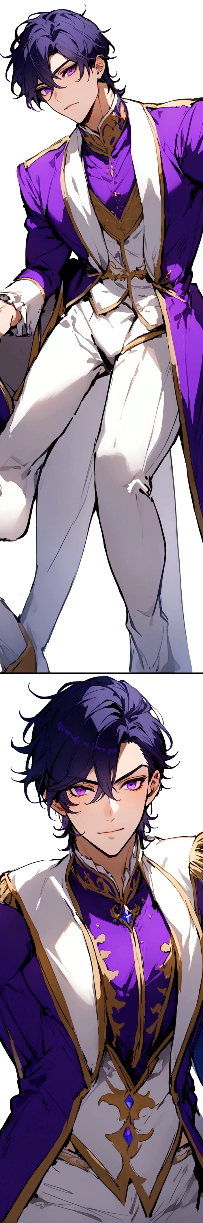 Dark blue hair, medium sized hair, stunning purple eyes, toned body, prince clothes, White, male